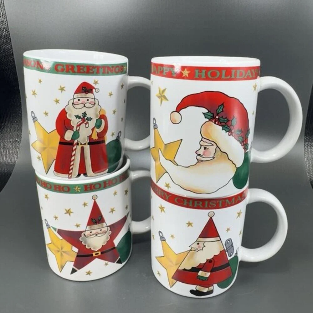1994 Signature Housewares Santa Coffee Mug Cup Set 4 All Different Mugs Cups VTG